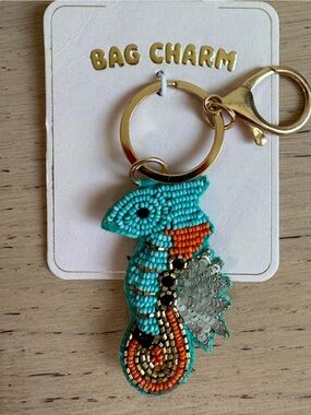 ANTHROPOLOGIE Beaded Seahorse Bag Charm Keychain - Turquoise & Orange